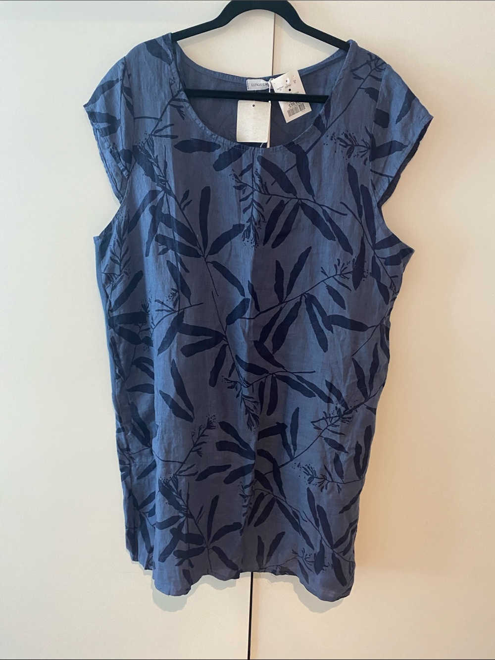 Blue Leaf-Print Mini Dress with Cap Sleeves
